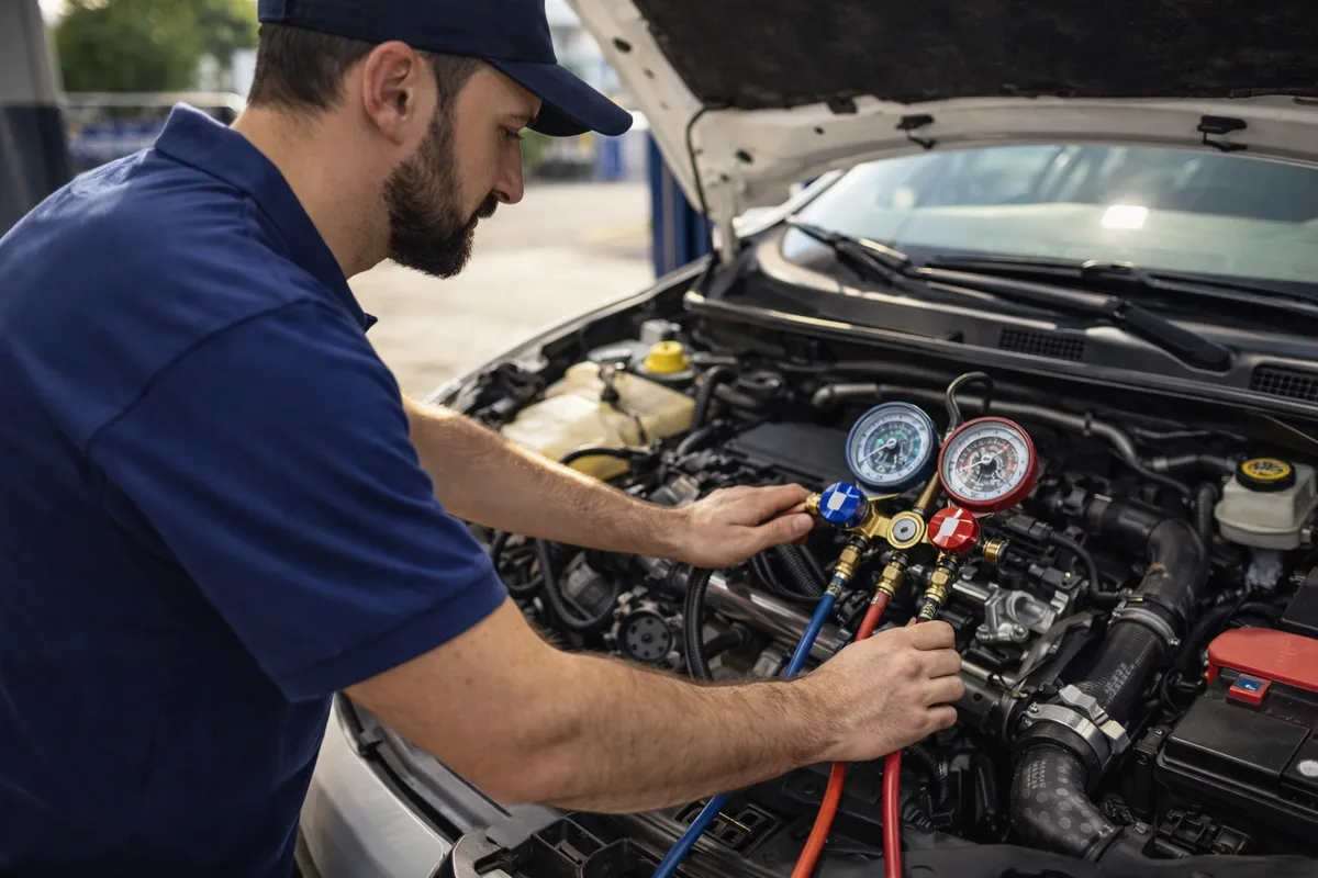 Ar-Condicionado Veicular em Betim - Alim Centro Automotivo Mecânico verificando sistema de ar-condicionado veicular na Alim Centro Automotivo em Betim com equipamento de recarga de gás