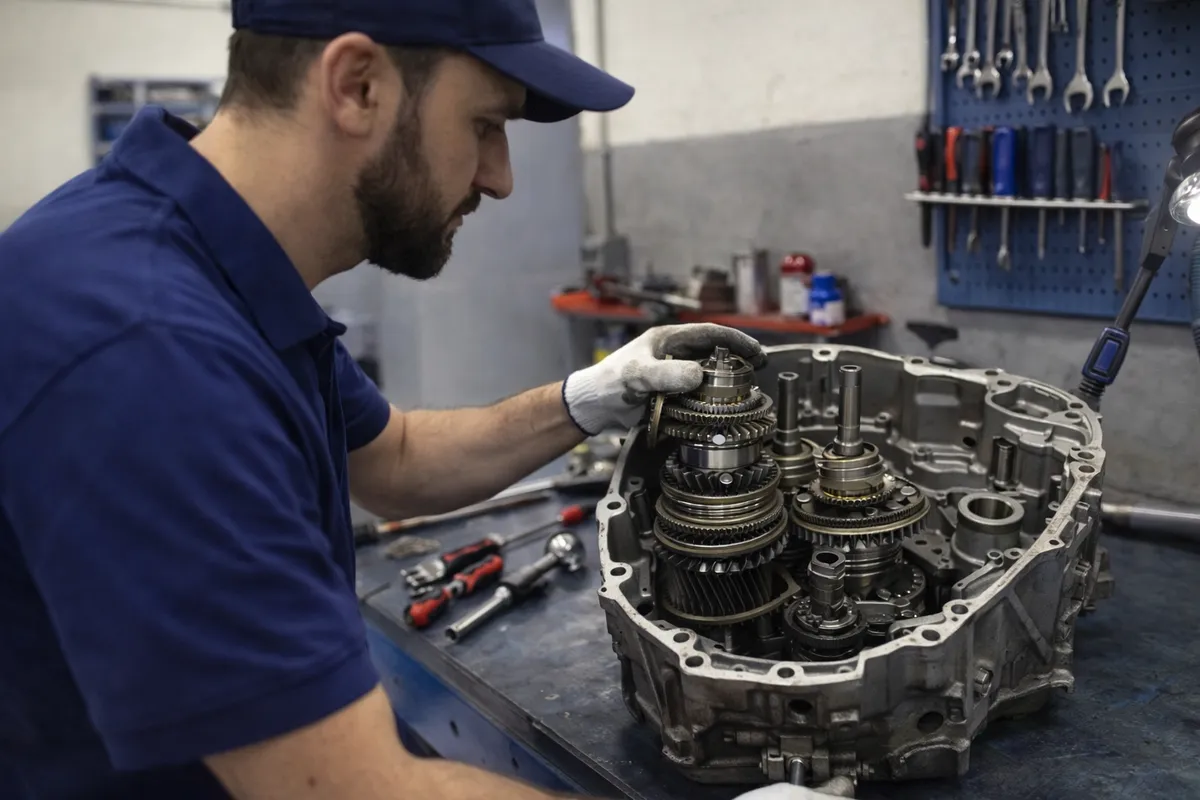 Mecânico inspecionando câmbio automático de veículo levantado na oficina Alim Centro Automotivo em Betim MG