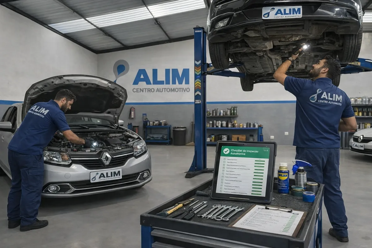 Check-up Completo do Veículo em Betim — Alim Centro Automotivo Mecânicos realizando check-up completo de veículo levantado na oficina Alim Centro Automotivo em Betim MG — inspeção de todos os sistemas
