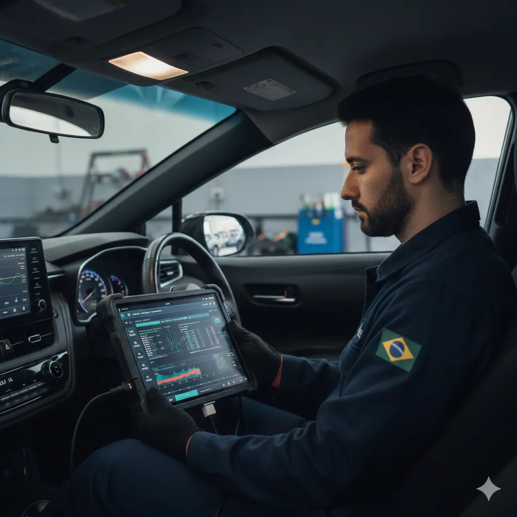 Diagnóstico Computadorizado Automotivo - Alim Centro Automotivo Betim Mecânico realizando diagnóstico computadorizado automotivo com scanner profissional conectado ao veículo em oficina mecânica em Betim - Alim Centro Automotivo