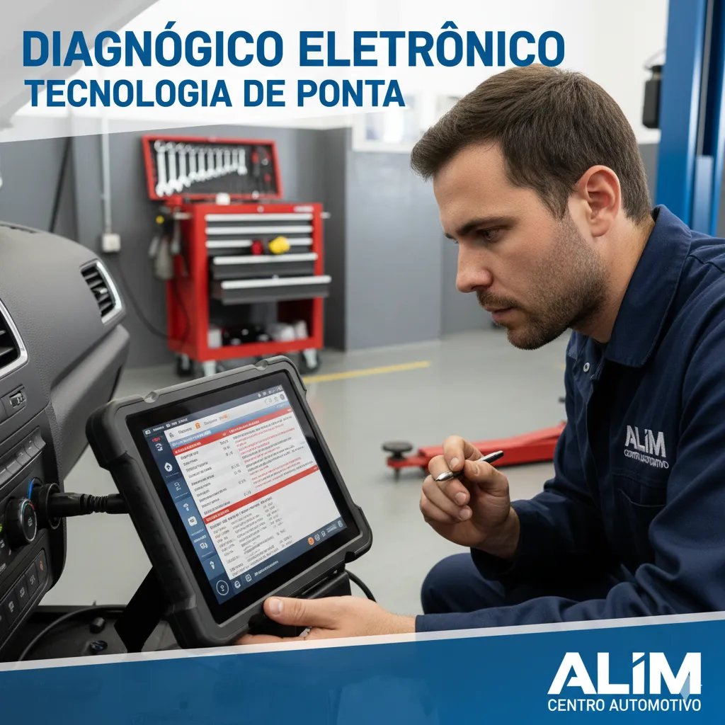 Diagnóstico Eletrônico Tecnologia de Ponta ALIM Técnico realizando diagnóstico eletrônico em carro usando scanner automotivo de ponta em oficina mecânica ALIM em Betim