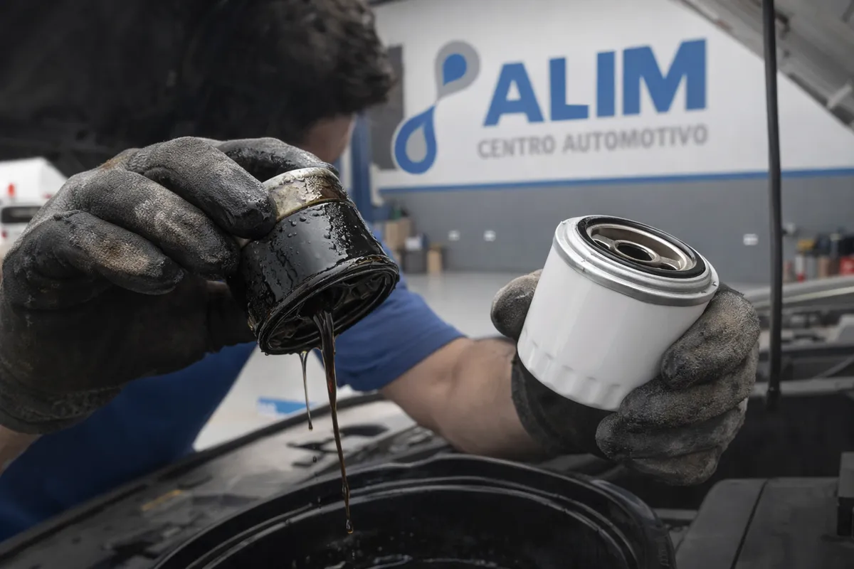 Filtro de óleo sendo trocado em oficina mecânica em Betim