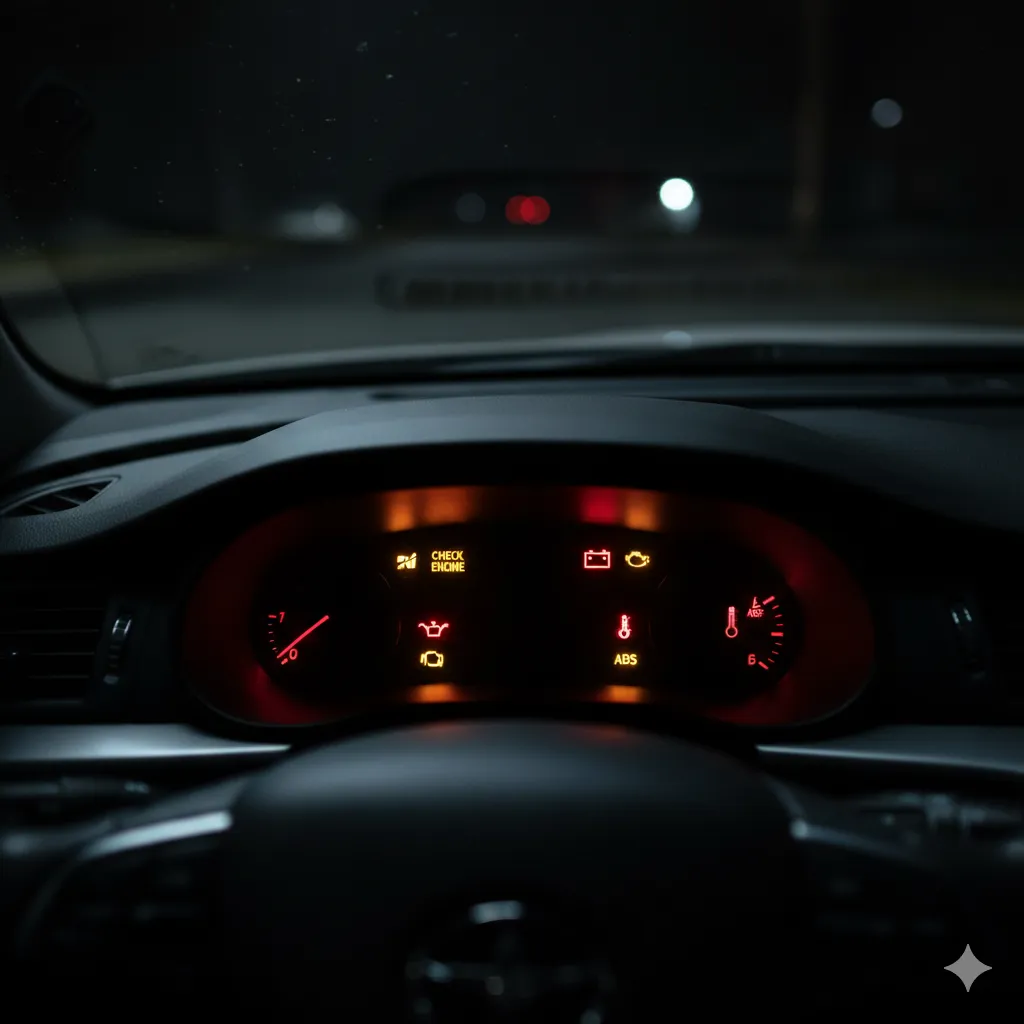 Painel do carro com luzes de alerta acesas mostrando indicadores de motor bateria óleo e temperatura em oficina mecânica de Betim