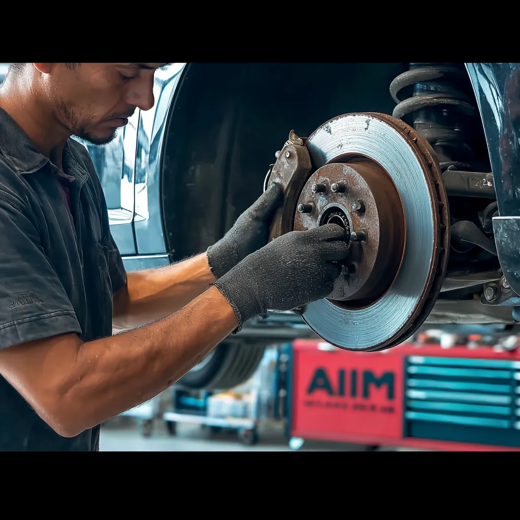Mecânico verificando pastilhas e discos de freio em veículo elevado na rampa da Alim Centro Automotivo em Betim