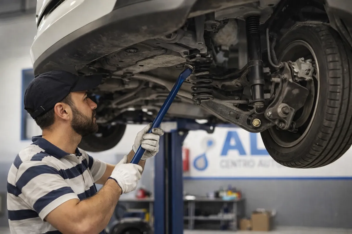 Mecânico inspecionando sistema de suspensão e direção em veículo na Alim Centro Automotivo em Betim