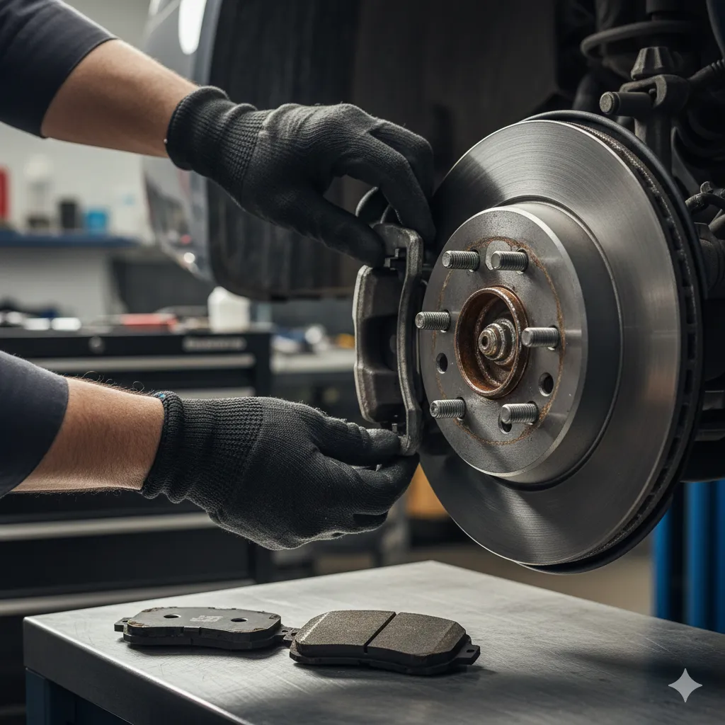 Mecânico trocando pastilha de freio em oficina mecânica de Betim com disco de freio visível e peças de qualidade